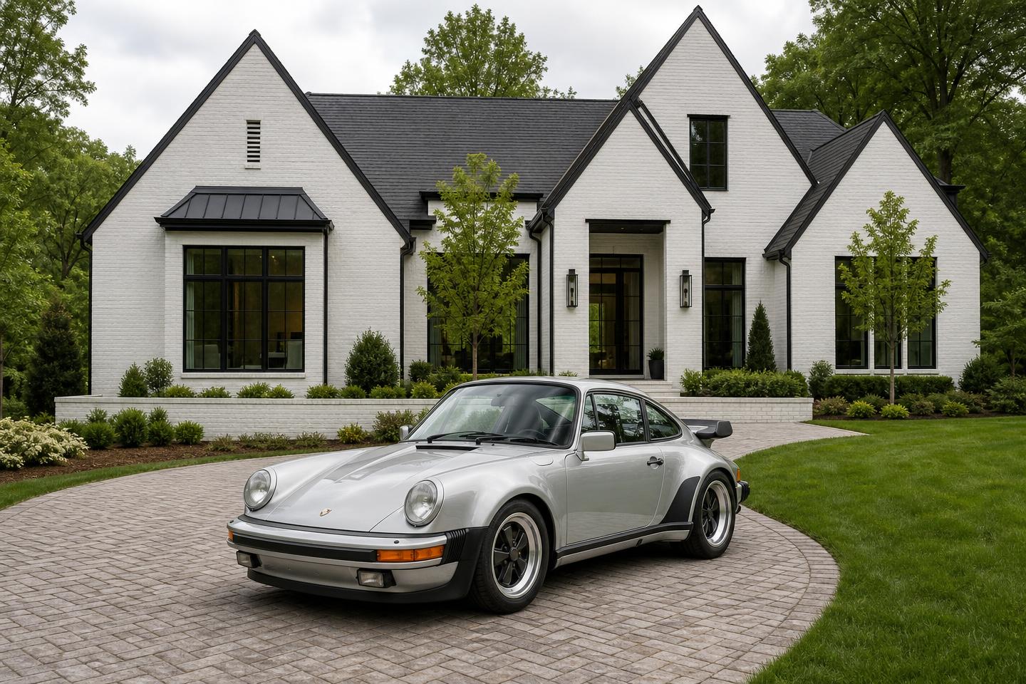 Saúl's silver Porsche 930 parked in front of a modern home in the Raleigh-Durham area